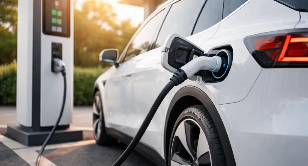 Et foto af en elbil, der oplades ved en ladestander.