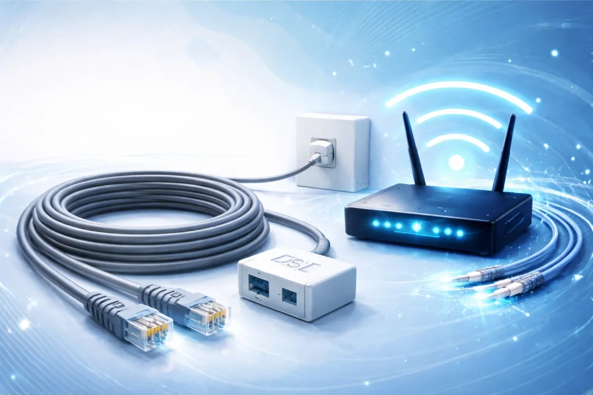 Illustration af et telefonkabel (DSL-kabel) tilsluttet en modem/router på en enkel blå teknologisk baggrund, der symboliserer internet via DSL-forbindelse.