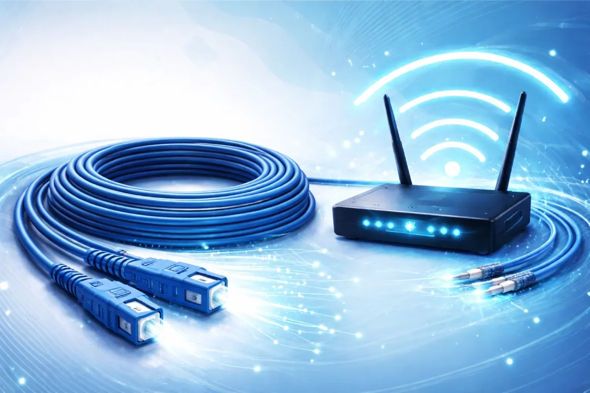 Illustration af et blåt fiberoptisk kabel med lysende stik og en Wi-Fi-router på en enkel blå baggrund, der symboliserer højhastigheds internet via fibernet.