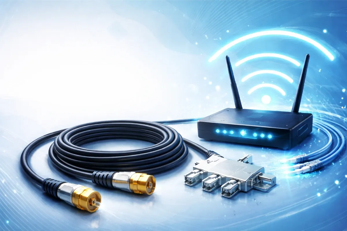 Illustration af et sort coaxialkabel med metalstik, en splitter og en router på en blå teknologisk baggrund, der symboliserer internetforbindelse via coax-kabel.