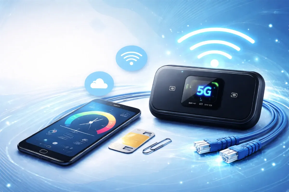 Illustration af en mobil Wi-Fi router (4G/5G hotspot) og en smartphone på en enkel blå baggrund, der symboliserer internetforbindelse via mobilt bredbånd.