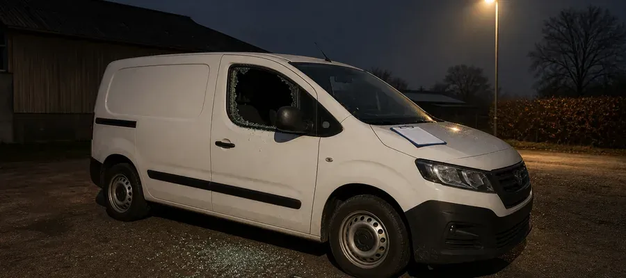Firmabil parkeret ved erhvervsejendom illustrerer tyveridækning i erhvervsbilforsikring