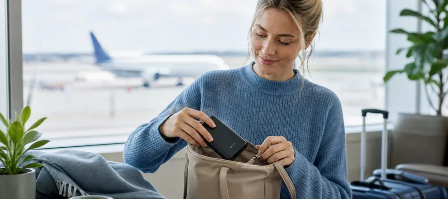 Powerbank i håndbagage på fly ved siden af pas og boardingpass før afrejse