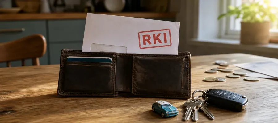 Bilnøgler og en lille bilmodel oven på papirer om bilforsikring trods RKI-registrering