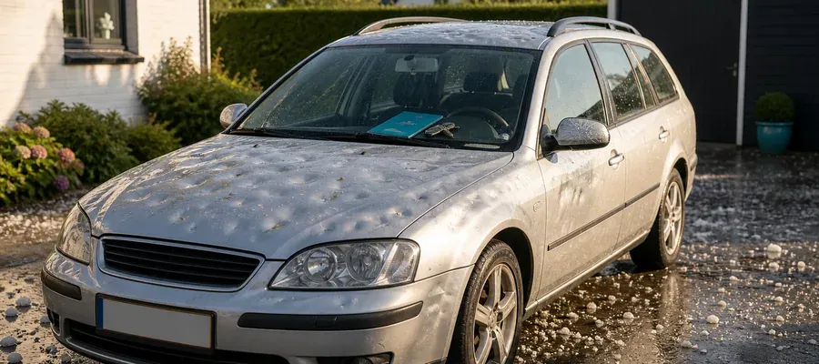 Bil parkeret efter uheld med bulet kofanger illustrerer kasko betydning og dækning ved skader