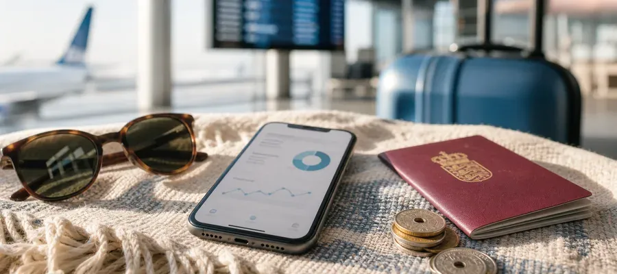 Smartphone med rejsekort og EU-flag illustrerer roaming data i udlandet på ferie