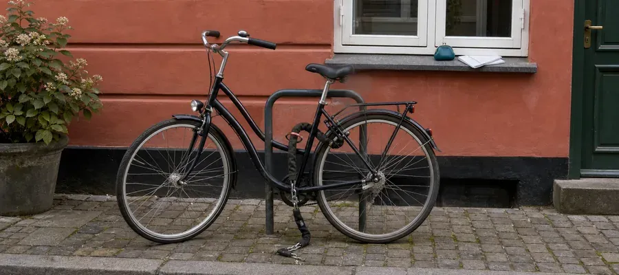 En cykel låst fast med lås, der illustrerer beskyttelse mod cykeltyveri og forsikringsdækning