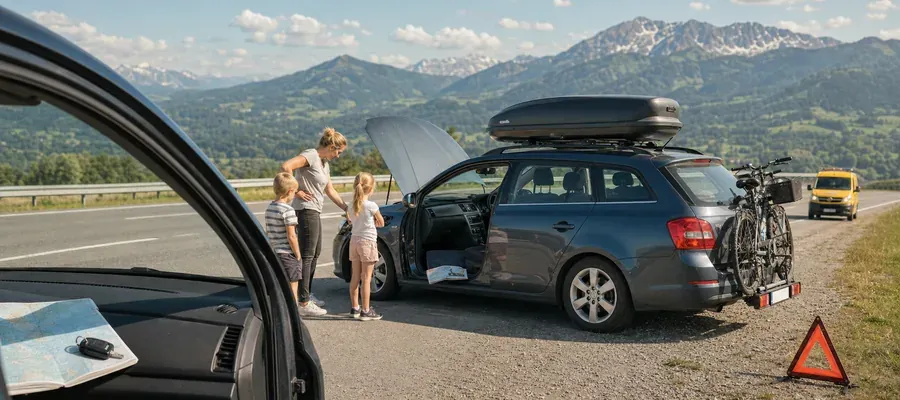 Familiebil pakket til sommerferie i udlandet med fokus på vejhjælp og bildækning på rejsen