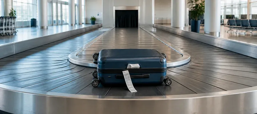 Kuffert og taske ved lufthavnens bagagebånd - rejseforsikring dækker forsinket bagage