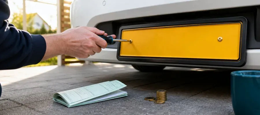 Bilnummerplade monteret korrekt på bil i overensstemmelse med nummerplade regler