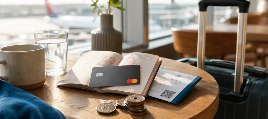 Rejsende med kreditkort og rejsedokumenter symboliserer dækning via mastercard rejseforsikring på ferie