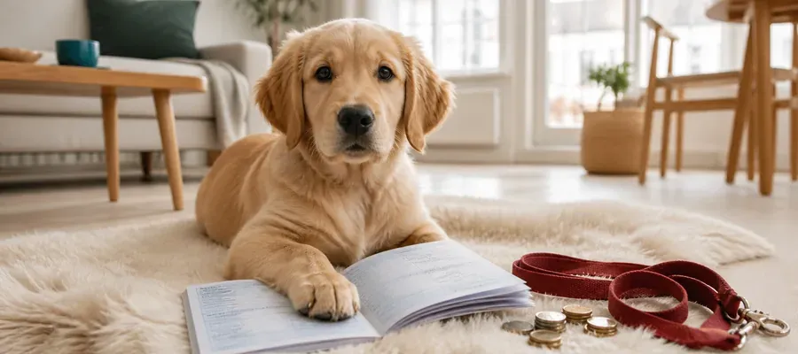 Hund hos dyrlæge mens ejer sammenligner priser på hundeforsikring på tablet