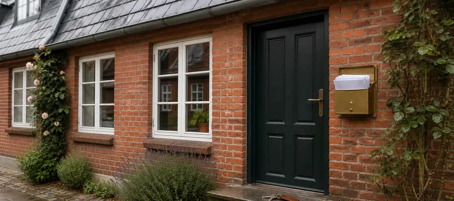 Rødt hus med tag og hegn illustrerer reglerne bag lovpligtig husforsikring i Danmark