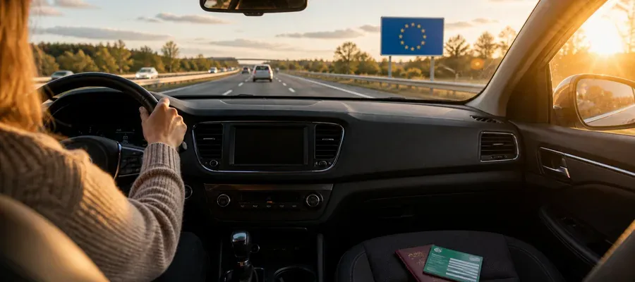 Bil kører på europæisk motorvej med landegrænseskilt, som illustrerer bilforsikring i udlandet